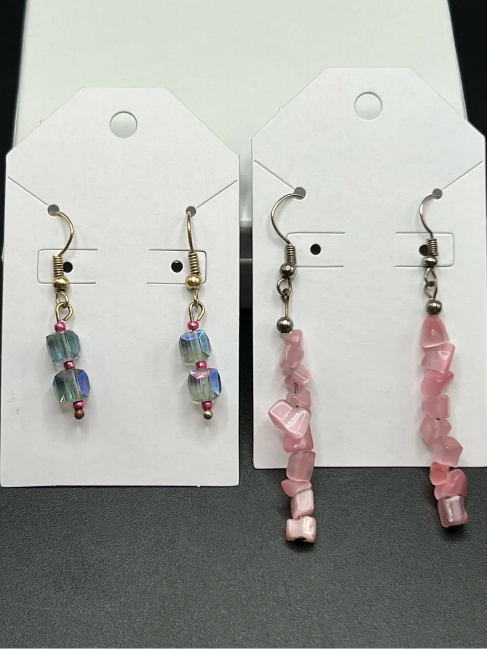 Handmade Beaded Dangle Earrings Lot of 2 Pink Cat’s Eye & Aurora Borealis Glass